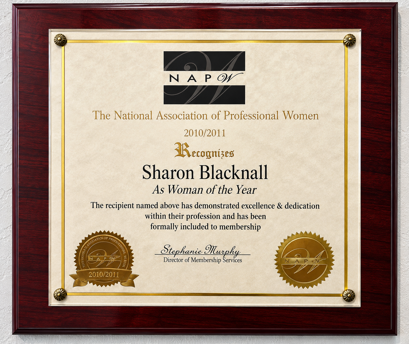 NAPW Woman of the Year 2010/2011 plaque awarded to Sharon Blacknall