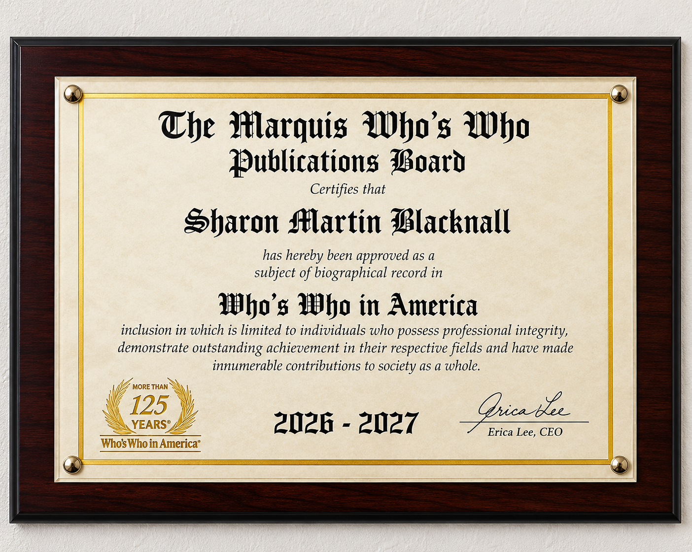 Marquis Who's Who Publications Board certificate for Sharon Martin Blacknall, Who's Who in America 2026–2027