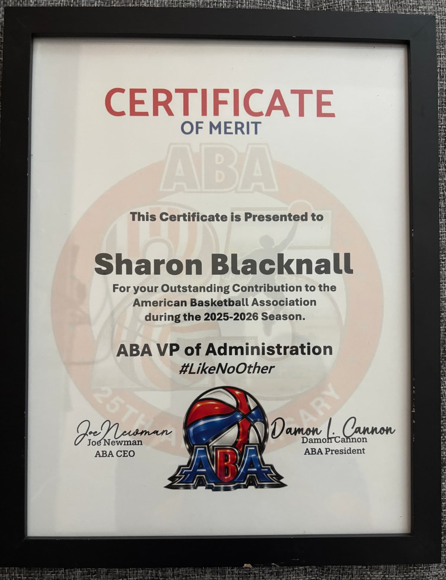 ABA Certificate of Merit presented to Sharon Blacknall for outstanding contribution during the 2025–2026 season as ABA VP of Administration